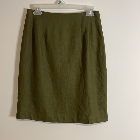 Bill Blass 100% Linen Pencil Skirt 10 Olive Green Mid Slit Blassport - Picture 1 of 12